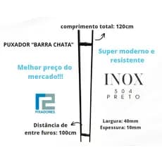 Puxador 120cm INOX PRETO p/ Porta de vidro, madeira, alumínio e portão BARRA CHATA INOX PRETO