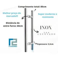 Puxador INOX ESCOVADO 80cm (80X32) p/ Porta de vidro, madeira, alumínio e portão TUBULAR/REDONDO INOX ESCOVADO