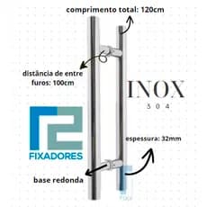 Puxador INOX 304 120cm (120X32) p/ Porta de vidro, madeira, alumínio e portão TUBULAR/REDONDO INOX POLIDO