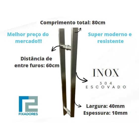 Puxador 80CM INOX ESCOVADO p/ Porta de vidro, madeira, alumínio e portão BARRA CHATA INOX ESCOVADO