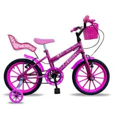 Bicicleta Infantil Feminina aro 16 com Rodinha e Cadeirinha de Boneca Bella Menina