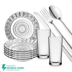 Aparelho de Jantar Completo 30 Peças | Jogo Mesa Posta 6 Pessoas | Pratos Copos Talheres Inox Vidro Resistente