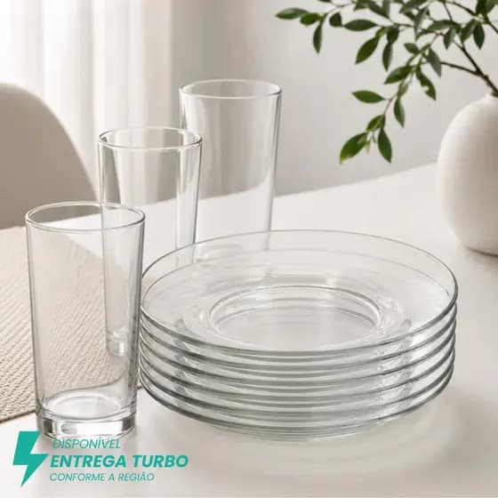 Aparelho de Jantar Em Vidro 12 Peças - 6 Pratos + 6 Copos Personalizados - Conjunto Elegante Para Mesa Posta