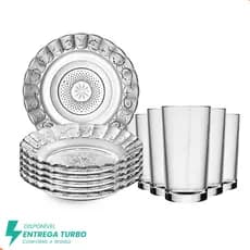 Jogo de Jantar 12 Peças | 6 Pratos + 6 Copos Personalizáveis - Conjunto de Vidro Mesa Posta Elegante