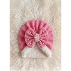 Touca Turbante Luxo com Laço e Pérolas | Touca Forrada Quentinha Outono Inverno Elegante Bebê Menina