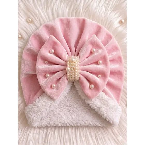 Touca Turbante Luxo com Pérolas | Touca Forrada Quentinha Outono Inverno Elegante infantil
