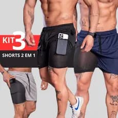 Kit 3 Shorts 2 em 1 Slide Fit Para Academia Bermuda Forrados Com Original Treino Esporte