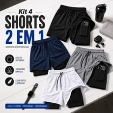 Kit 4 Shorts 2 em 1 Masculino Bolso Interno Dry Fit Academia Corrida Treino Compressão Fitness