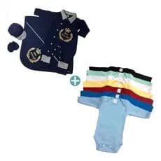 Kit Saida Maternidade Menino + 3 Bodys Bebe malha canelada