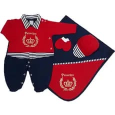 Saida Maternidade Menino Roupa de Bebê Recém Nascido Marinho com Vermelho Príncipe 4 Peças