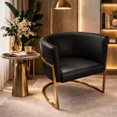 Cadeira Poltrona Decorativa Roma Estofada em Corino Com Pés de Metal Industrial Dourada Sala de Jantar Escritório
