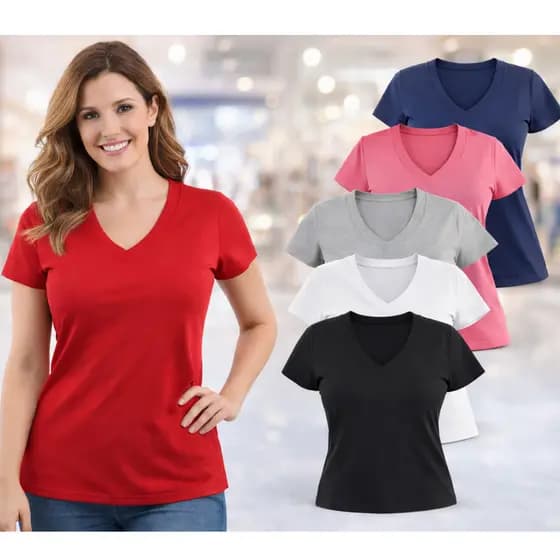 Regata Feminina Blusa Gola V Manga Curta Lisa Basic Oferta!