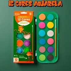 Estojo Aquarela 12 Cores Escolar Tinta e Pincel - Para Personalizar Uso Escolar e Artístico