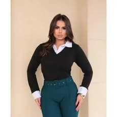 Suéter Feminino Com Composição de Camisa Social Lanzinha Moda Luxo Elegante Blusa Manga Longa