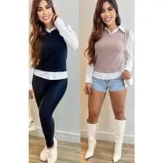 CAMISA SOBREPOSIÇÃO COM MANGA BUFANTE - 2 EM 1 - MODA CASUAL