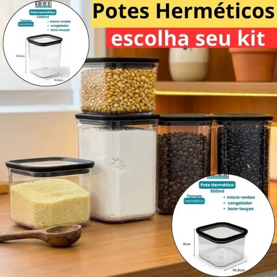 Kit Potes Herméticos Porta Mantimentos Acrílico Empilháveis Quadrado Resistente Cozinha Dispensa