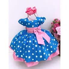 Vestido Infantil Menina Bonita Azul com Bolinhas Brancas Poá