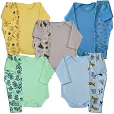 Kit 4 peças 2 Body e 2 Mijão vira Pé estampado Suedine Bebê Menino Menina Enxoval Bebe