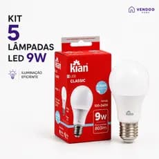 Kit 5 Lampadas Led 9W Branco Frio Bivolt E27 Luz Branca Kian Led