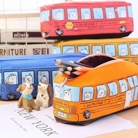 Estojo Escolar Ônibus Kawaii Grande Porta Lápis Organizador Canetas Material Escolar Infantil Masculino