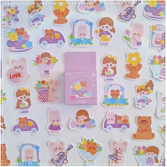 Caixa de Adesivos Kawaii 45 Unidades Ursinho Coelho Flores Scrapbook DIY Personalizar Planner Bullet Journal Papelaria