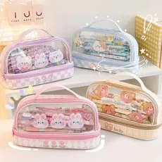Estojo Escolar Grande Kawaii Transparente Alta Capacidade Necessaire Maquiagem Organizador Porta Lápis Feminino