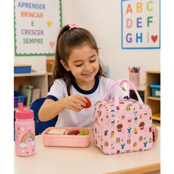 Bolsa Térmica Lancheira Kawaii Rosa com Alças Marmita Escolar Feminina Impermeável Porta Alimentos Lunch Bag