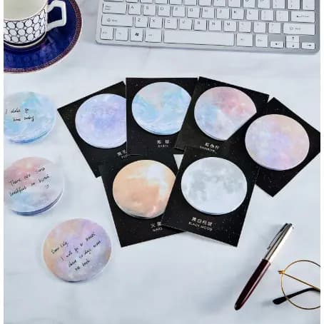 Kit 5 Blocos de Notas Adesivas Kawaii Planetas Lua Universo Post-it Lembretes Planner Agenda Bullet Journal Papelaria