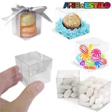 50 Caixinhas Transparente 5x5x5 cm para 2 Macaron, Caixa Acetato Brigadeiro Gourmet, Lembrancinha