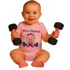 Body Bebê Rosa Mini Fitness + Chocalho Haltere | Look Academia Menina