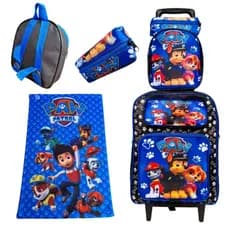 Kit Mochila Infantil Escolar com Rodinhas Lancheira Estojo Toalhinha Patrulha Canina para Meninos -