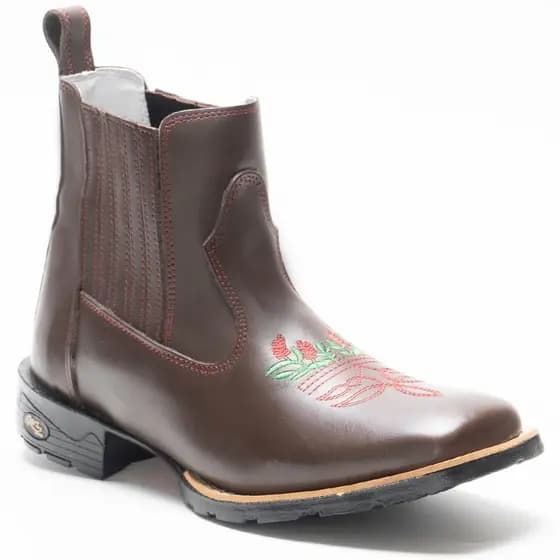 Botina Bordada Flores Country Texana Couro Legítimo Bico Quadrado Rhl Botas