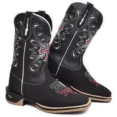 Bota Texana Feminina Couro Ecológico Cruz Rosa Bordada Sola Jump Antiderrapante