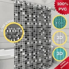 Cortina Box 3D Translúcida para Banheiro – PVC Resistente com Ilhós | Estampa Pastilha Preto e Verde Tiffany | Envio Ime