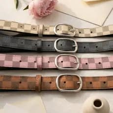 Kit 2 Cintos Femininos Xadrez Fashion Couro Eco Costurado Borda Italiana