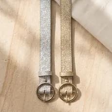 kit 2 cinto feminino com glitter fake prata e dourado