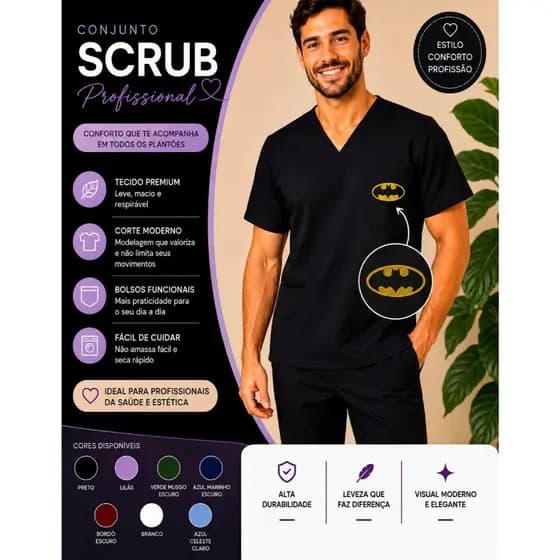 Scrub Conjunto Pijama Cirúrgico Batman + Nome Bordado