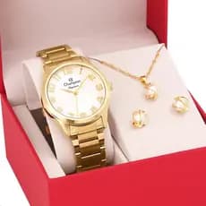 Kit Relogio Feminino com Semijoias Colar e Brincos Champion Dourado Presente Mulheres Esposa Namorada