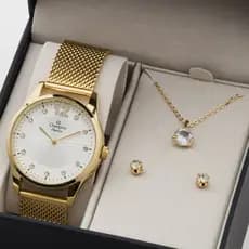 Relógio Champion Feminino Analógico Dourado + Kit de Brincos e Colar Original À Prova d'Água Presente Aniversário Mulher