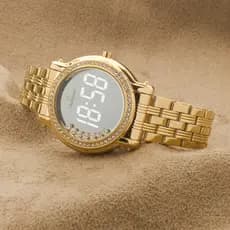 Relógio Feminino Champion Dourado Com Strass Digital Kit Colar e Brincos CH48055B