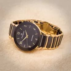 Relogio Feminino Champion Ceramica Preto com Dourado Luxo Vidro Safira Original CA21866U