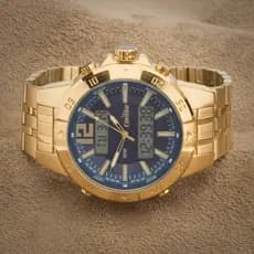 Relogio masculino dourado analogico digital fundo azul condor  COBJK657AJ/4A