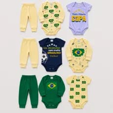 Kit 3 peças body Infantil Bebê Unissex Brasil Copa do Mundo 2026 Seleção Brasileira Algodão