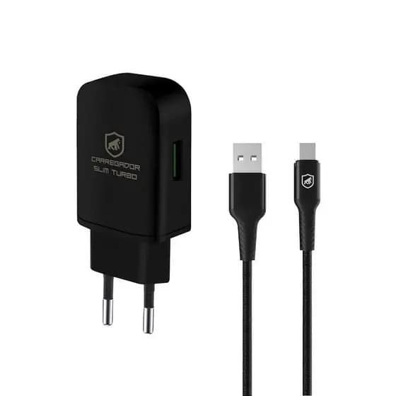 Carregador para celularTurbo Slim + Cabo 1,5m Tipo C/USB Carregamento Rápido para Android e iPhone