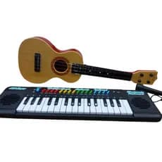 Mini Teclado Musical Preto + Microfone com Mini Violão 6 cordas Brinquedo Infantil
