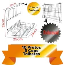 Escorredor de Pratos de Parede dobravel Resistente 10 Pratos 5 Copos E Talheres Aço Cromado