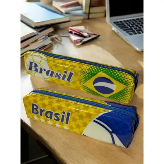 Estojo Brasil Escolar Poliester Corino Brilhante Costura Reforçada  Modelos Multiuso Universal