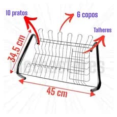 Escorredor de louças para 10 pratos e 6 copos mais talheres  aço Resistente, cromado ,Branco e Preto