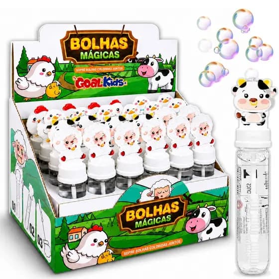 Display 24 Tubos Bolhas de Sabão Bichinhos Fazendinha Caixa para Festa Sacola Surpresa