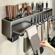 SUPORTE DE PAREDE COZINHA ORGANIZADOR UTENSILIOS INOX GANCHOS BARRA SUPORTE  FIXACAO ADESIVA SEM FURO RACK GOURMET